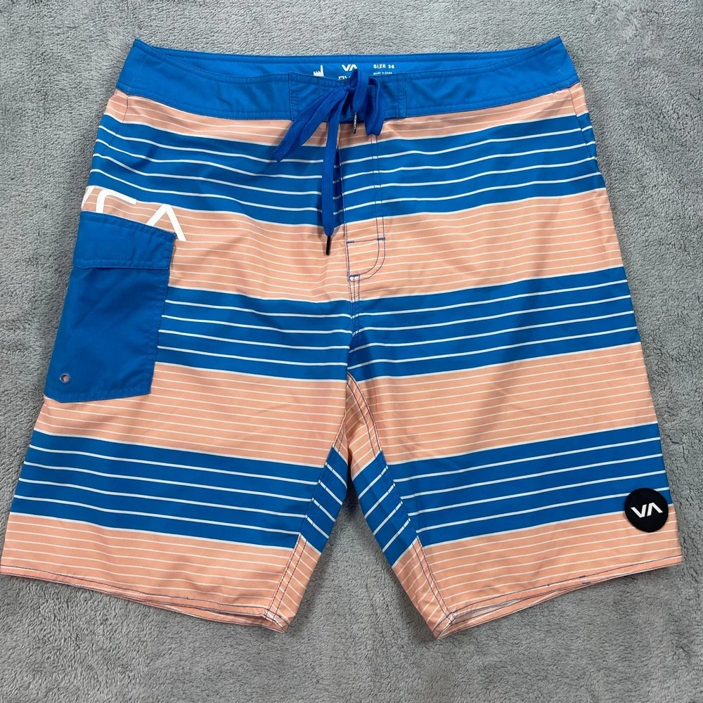 RVCA Board Shorts Men 36 Blue Peach Industry Striped Performance Stretch Pocket